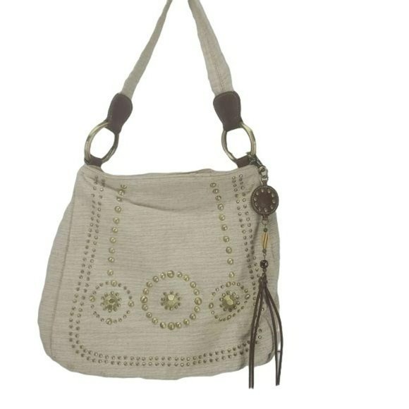 Franco Strato Tan Canvas Shoulder Studded‎ Purse Handbag - Picture 1 of 8